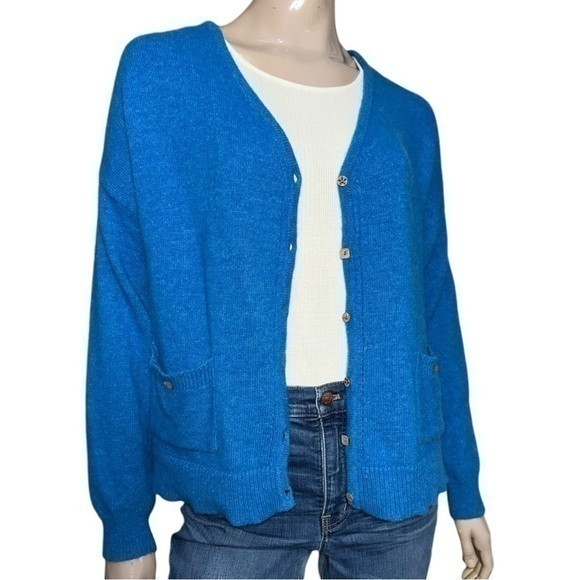 Mistral 16 M L Aqua Blue Lambswool Knit Vicky Button Up V-Neck Sweater Cardigan - Picture 1 of 9